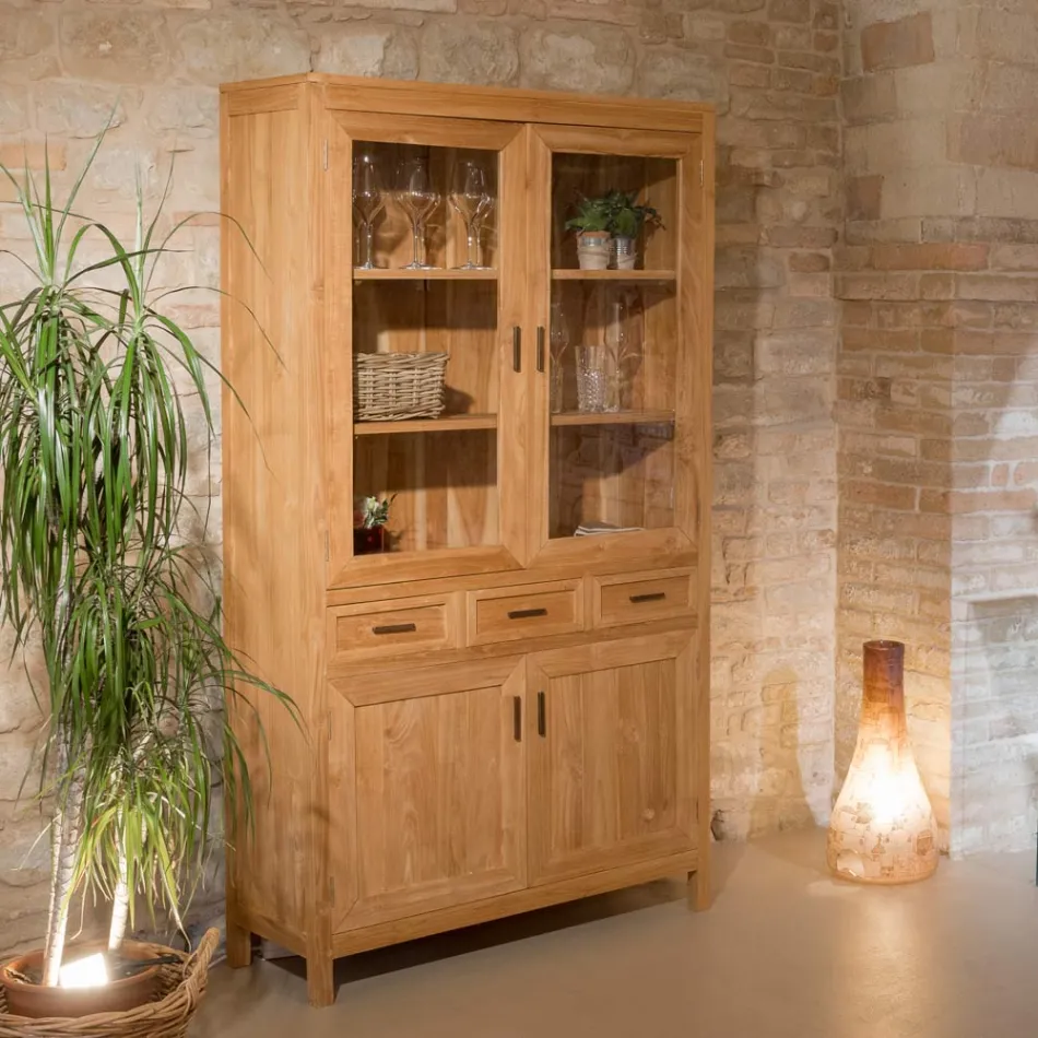 Vitrine de salon Sanda en teck massif avec 4 portes et 3 tiroirs Viadurini