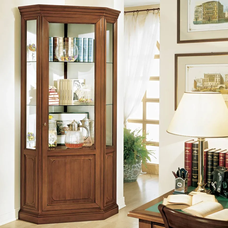 Vitrine d'angle avec 1 porte et 2 étagères en verre fabriquées en Italie - Denka Viadurini